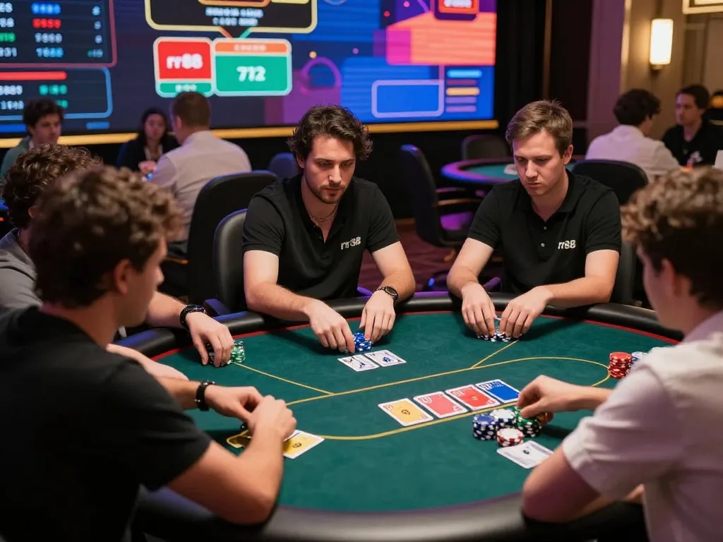 Players enjoying online poker game at rr88, showcasing vibrant virtual interface and competitive atmosphere.