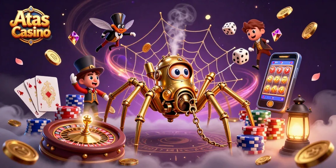 Experience the thrill of Atas Casino with a steampunk-themed illustration showcasing exciting games and rich rewards.