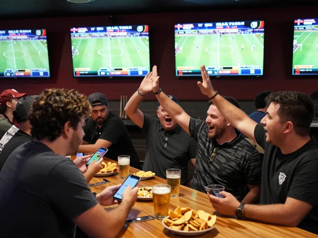 Kèo nhà cái action at a sports bar, enthusiastic bettors engaging with live screens while placing bets