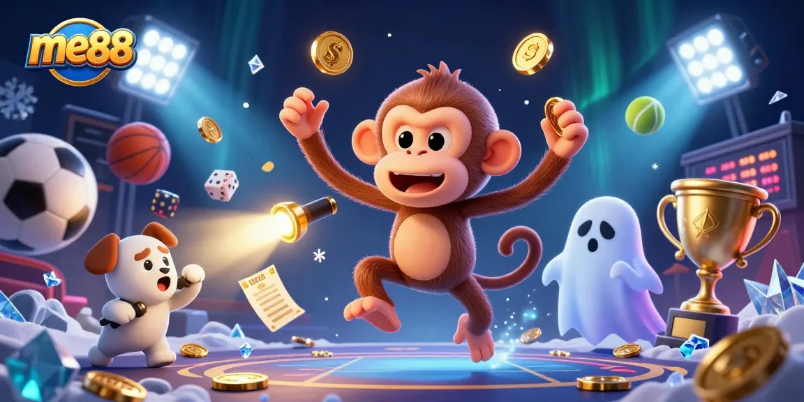 Experience the excitement at me88, where a poltergeist monkey juggles gold in a vibrant casino scene.