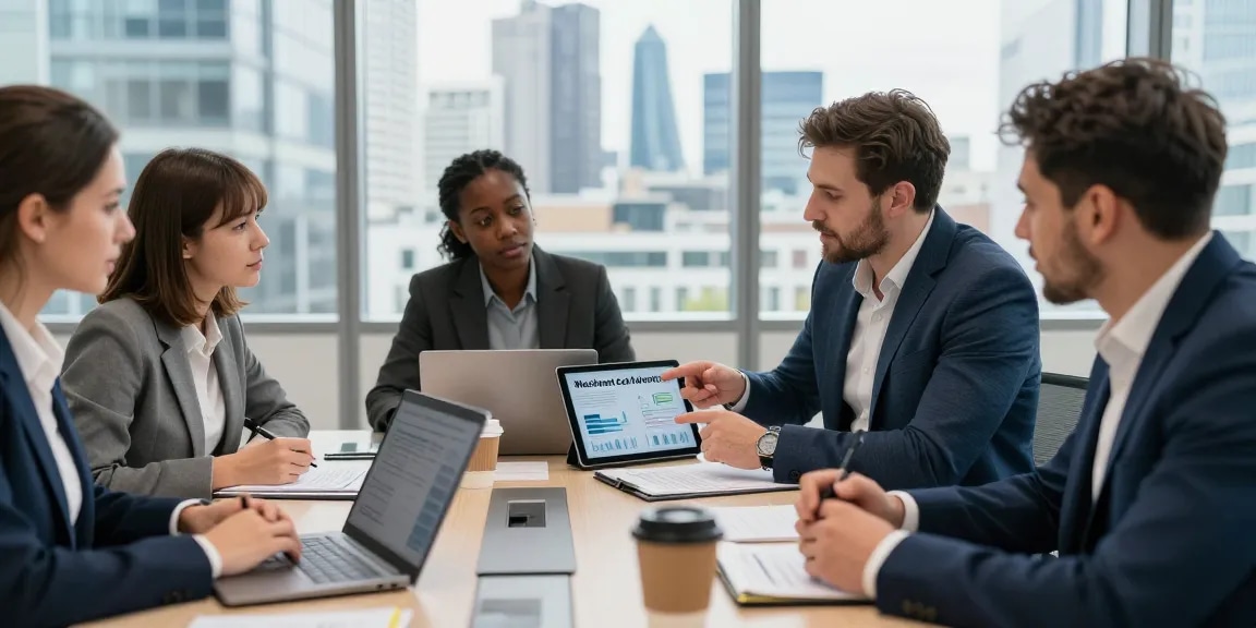 Consultants discussing merchant cash advance London options in a modern office setting.