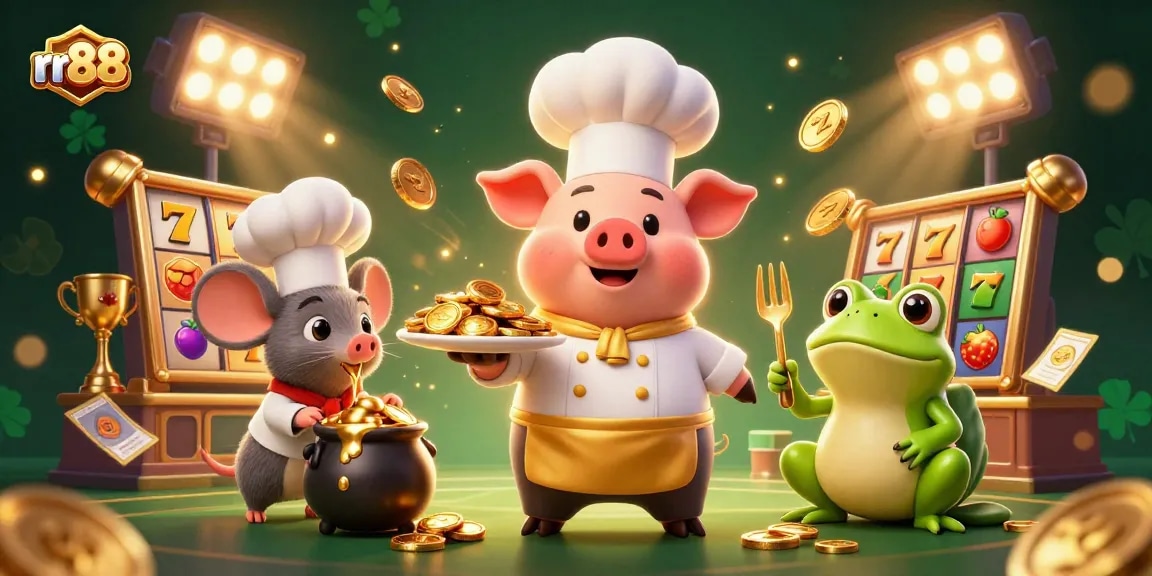 Engage with rr88's thrilling slots and jackpots featuring a chef pig, sous-chef mouse, and critic frog.