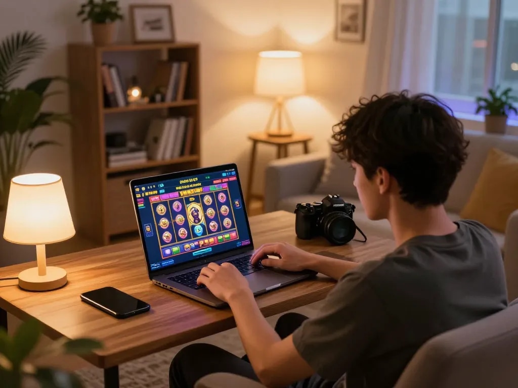A player enjoying Agen Slot online on a laptop in a cozy living room, immersed in gaming.