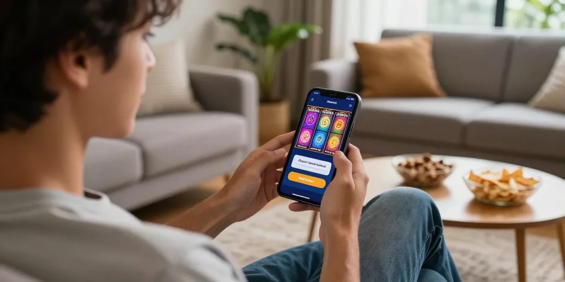 Excited gamer using smartphone for deposit tanpa minimal in cozy living room setting, showcasing vibrant slot game.