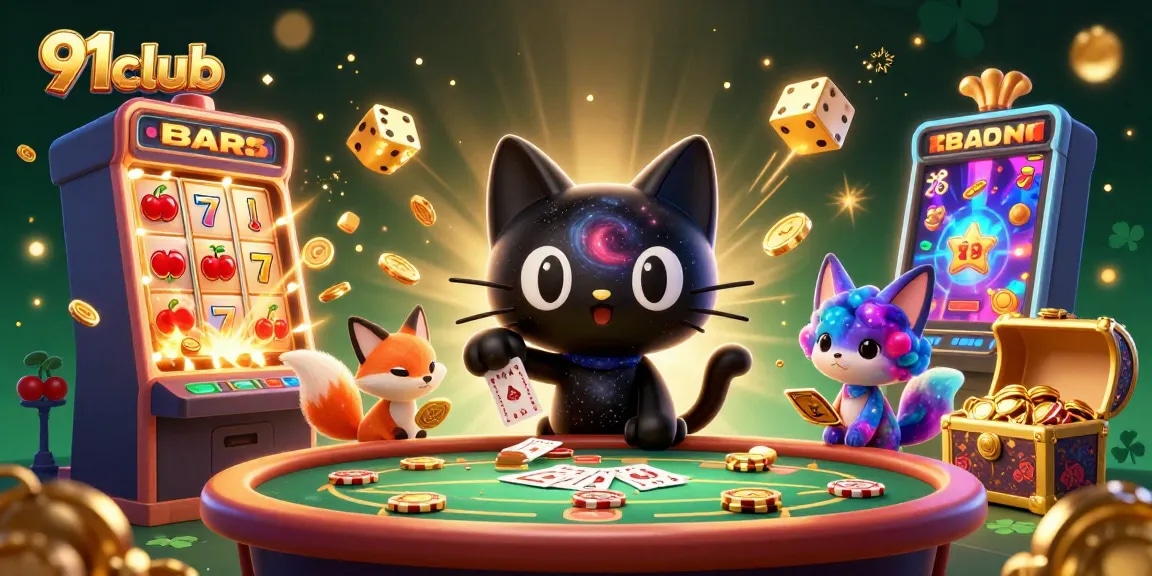 Engage with 91club for an exciting gaming adventure in a cosmic casino with colorful elements.