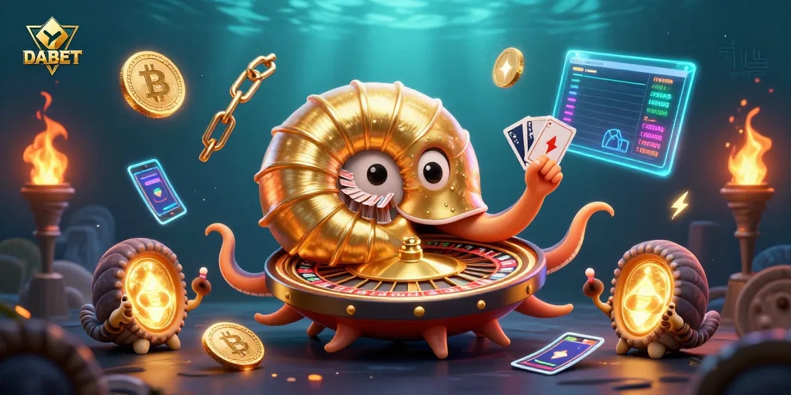 DABET showcases a vibrant gaming scene with a giant nautilus as a roulette wheel and glowing crypto assets.