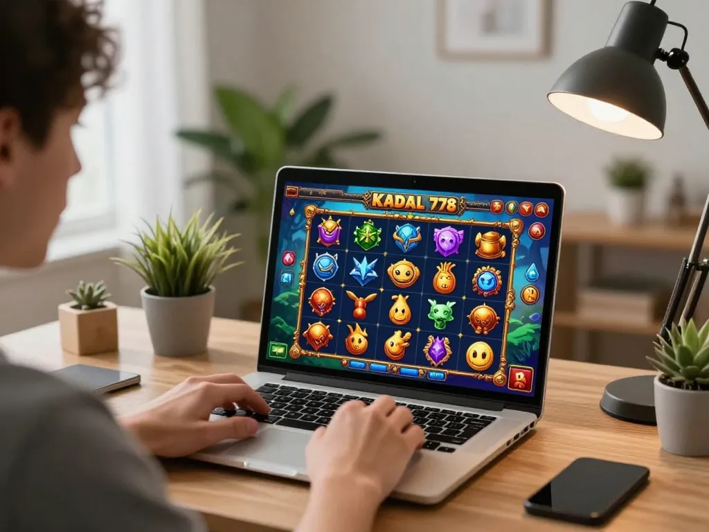 Player enjoying KADAL 778 online slot game in cozy home office with vibrant graphics