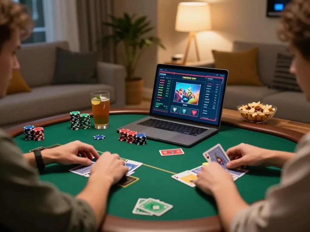 An engaged player strategizing in their cozy home setup at 68gamebaivn, focusing on a poker game with chips and cards.