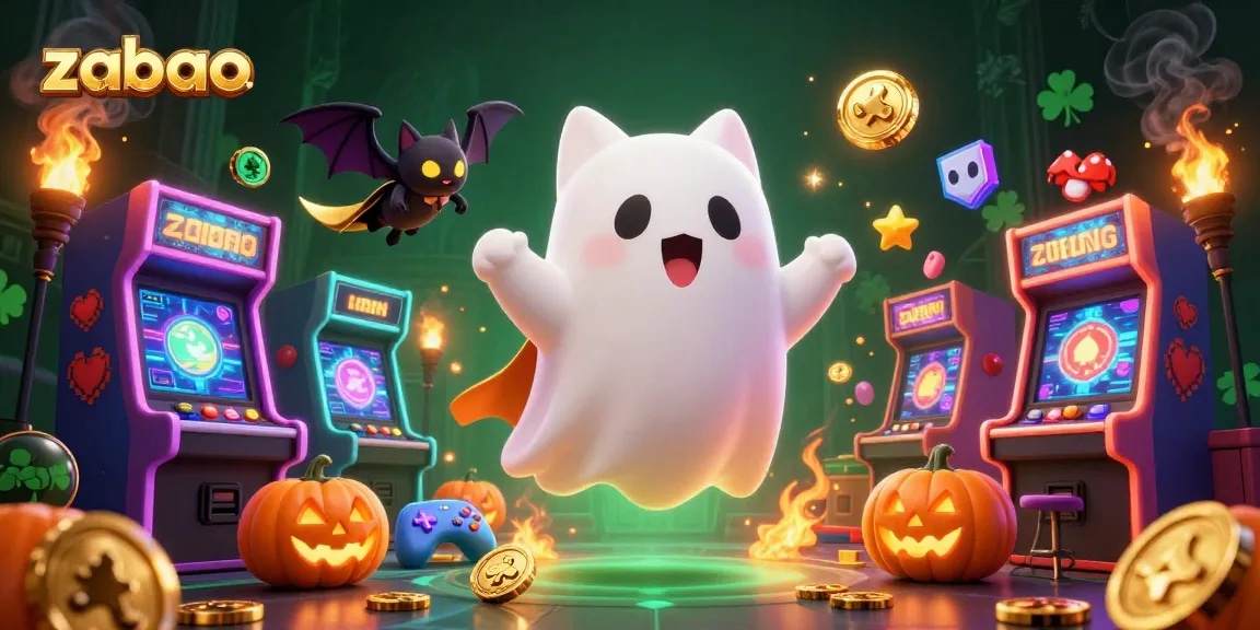 Engage with zaobao's spooky casino experience featuring a ghost cat and arcade elements.