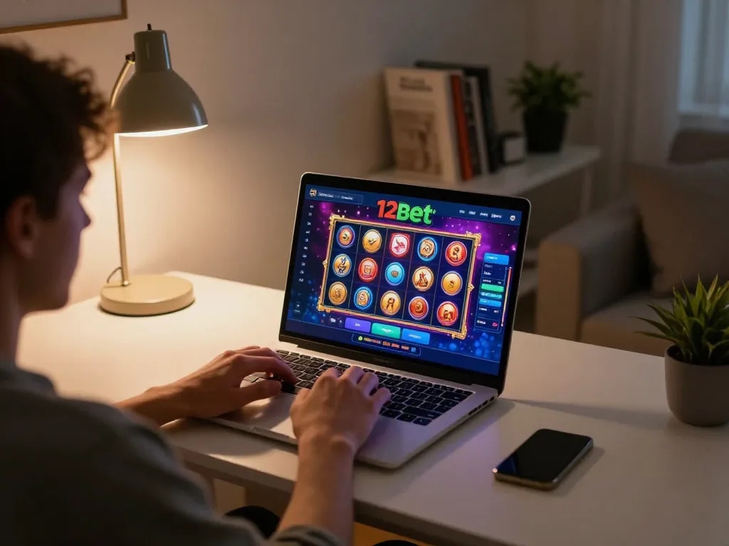 Người chơi đắm chìm trong trải nghiệm chơi casino trực tuyến 12bet tại nhà với laptop