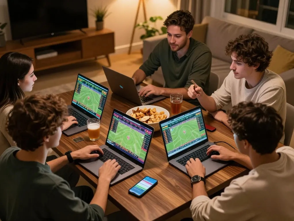 Friends strategically placing bets on sports events in a lively online gaming session at FUN79 com