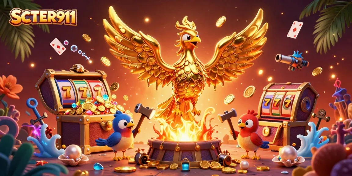 Engage in thrilling gameplay with SCATTER911 featuring a molten golden phoenix amidst vibrant casino elements.