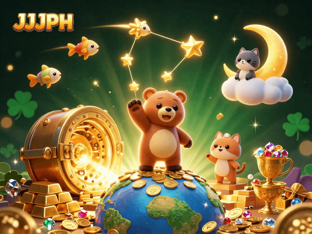 Win big with JJJPH: a vibrant 3D cartoon illustration showcasing casino elements.