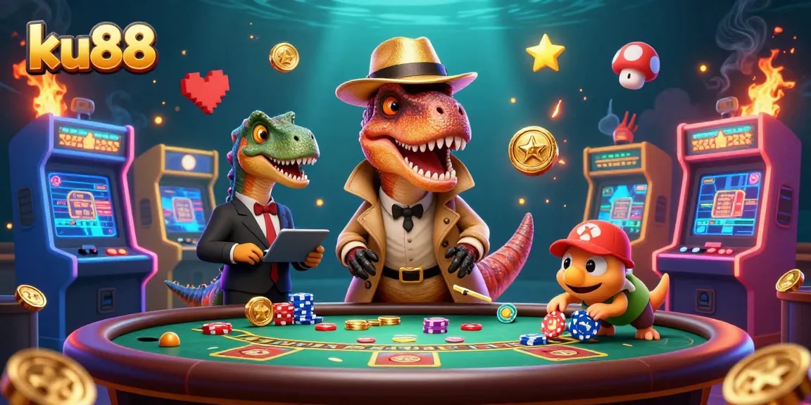 ku88 velociraptor card counter navigating blackjack while a stegosaurus pit boss suspiciously watches, colorful casino elements