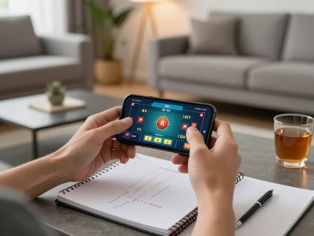 Tai Xiu gameplay on smartphone at home, showcasing betting action with taixiuonline8 interface and comfortable setting.