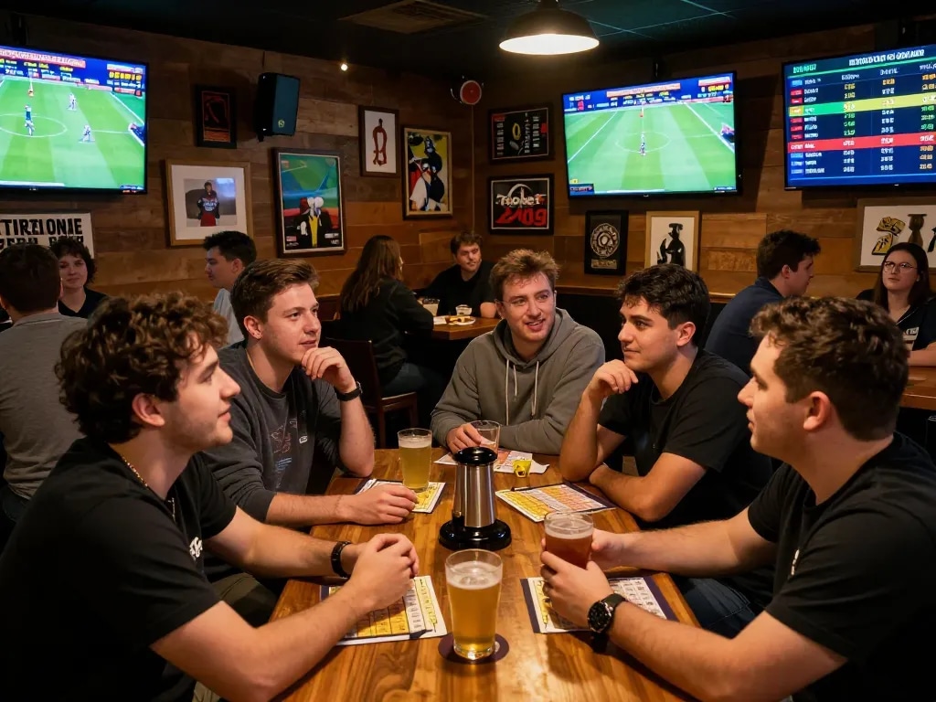 Friends engaging in sports betting at a lively bar, tracking fabet odds and cheering for their teams