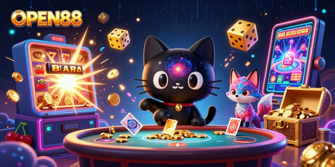 Engage with OPEN88 gaming excitement featuring a cosmic cat and vibrant fox at a casino table.