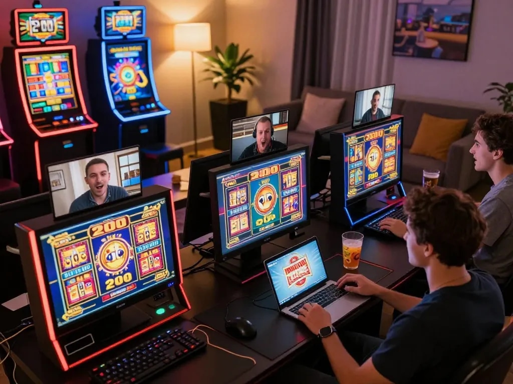 Engaged players enjoying slot bet 200 online games in a vibrant home casino atmosphere.