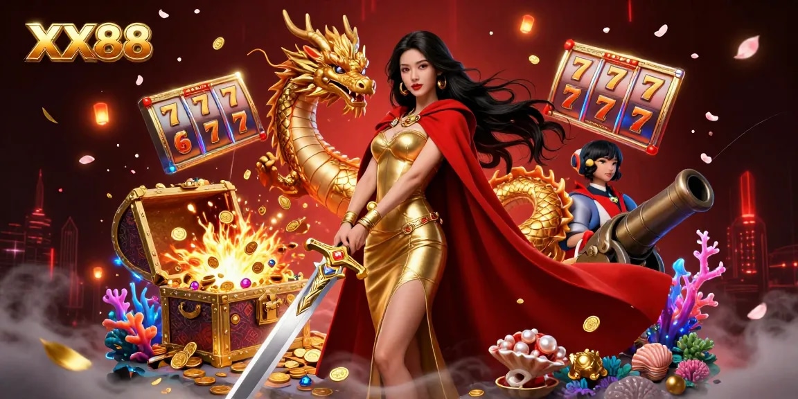 Experience excitement at XX88 with a warrior queen and golden dragon amid captivating casino elements.