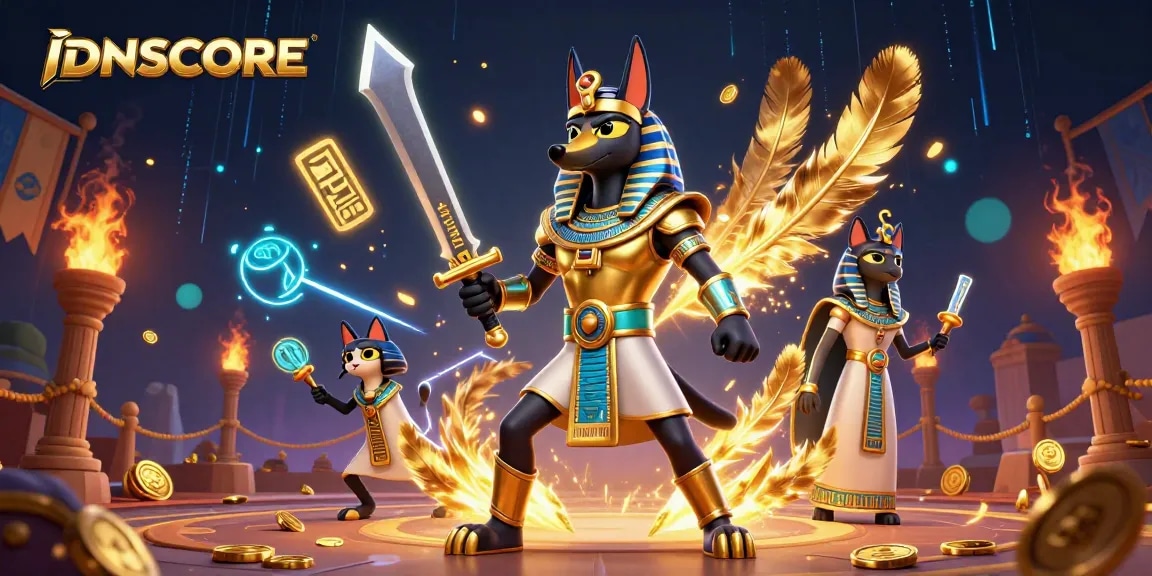 Experience high-stakes gaming at IDNSCORE with a vibrant illustrated scene depicting casino excitement.