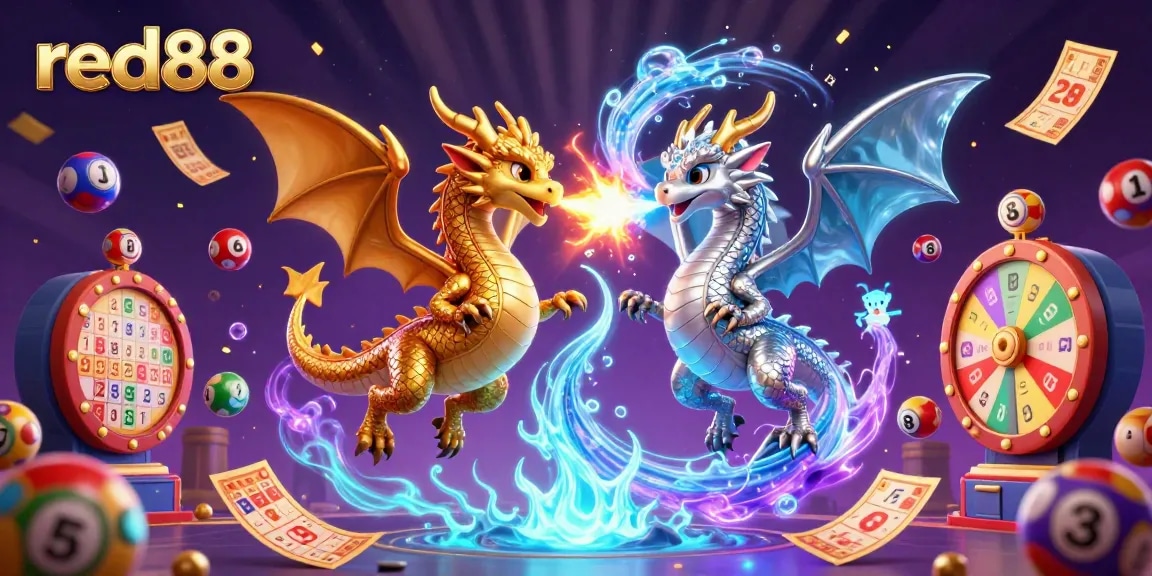 Experience thrilling action at red88 with vibrant dragons unleashing fire and ice among colorful lottery elements.