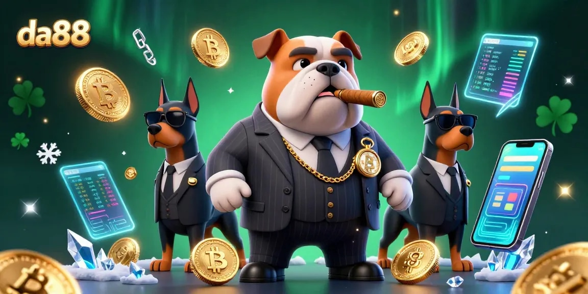 A dynamic illustration of the mafia boss bulldog and Doberman bodyguards showcasing da88 with vibrant crypto coins and game elements.