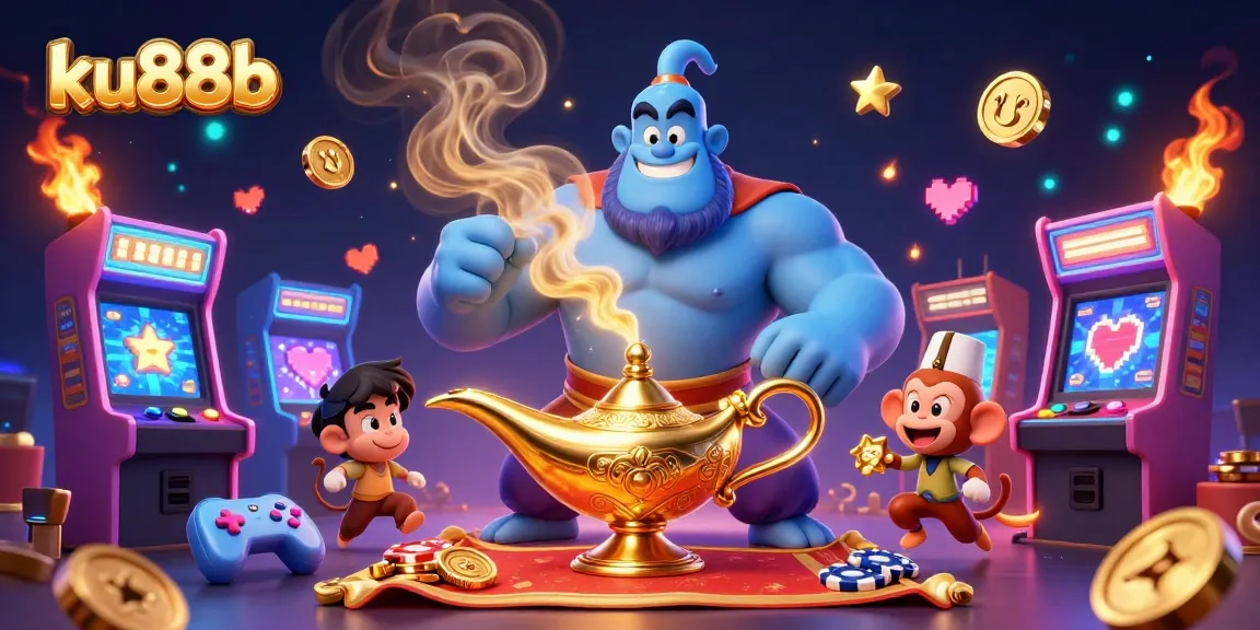 Join the thrilling game adventure at ku88b with a muscular genie, poker chips, and vibrant game elements.