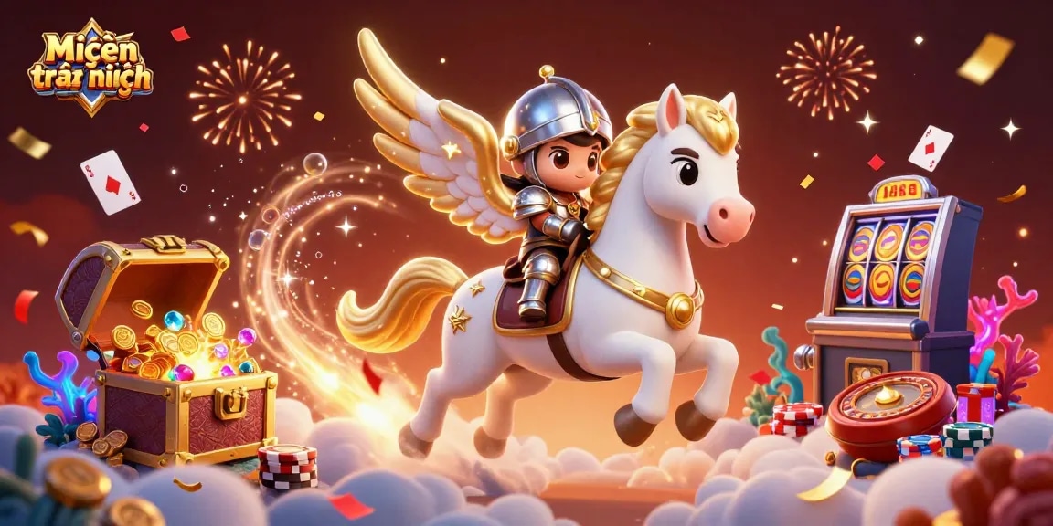 Engage in exciting gameplay with Miễn trách nhiệm: Discover betting strategies as characters surround bursting treasure chests and poker cards.