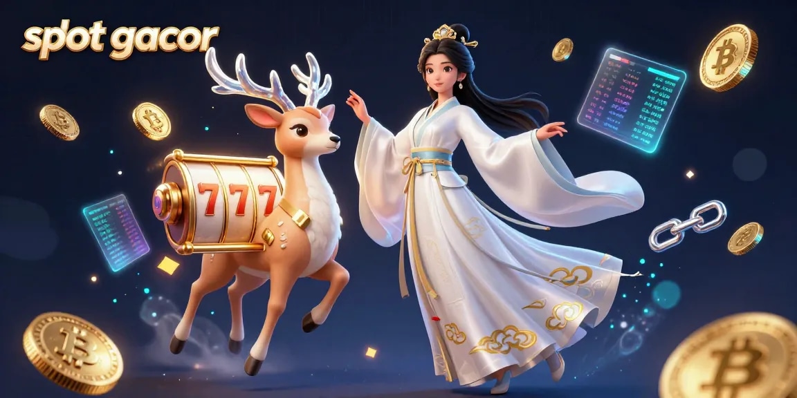 Terlibat dengan dunia slot gacor yang cerah menampilkan wanita Asia yang anggun dalam hanfu di tengah gulungan slot yang berkilau dan elemen kripto.