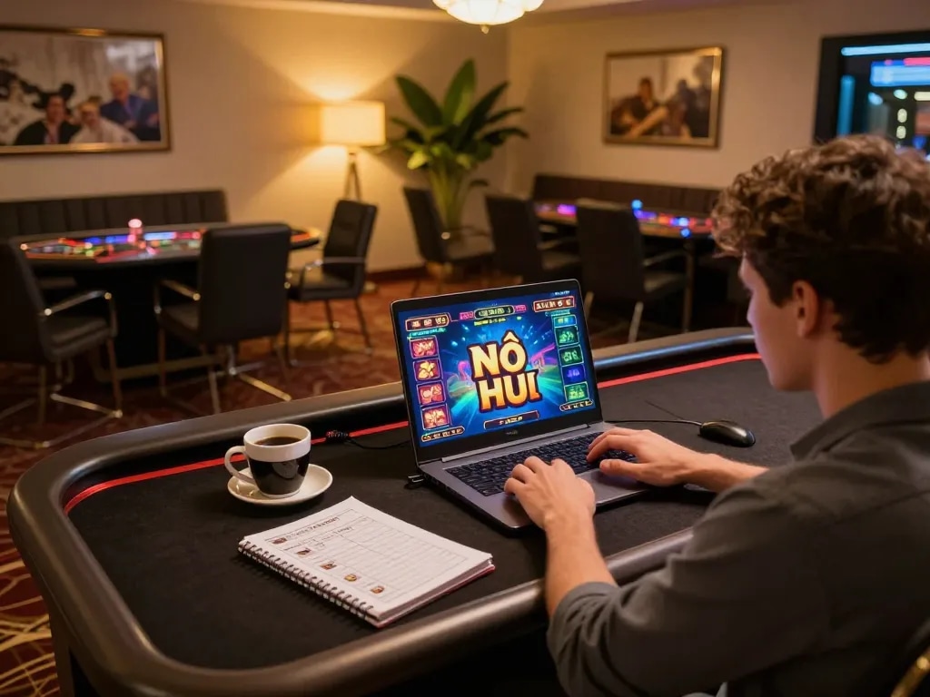 Nổ Hũ online gameplay on a laptop with vibrant graphics in a cozy atmosphere.
