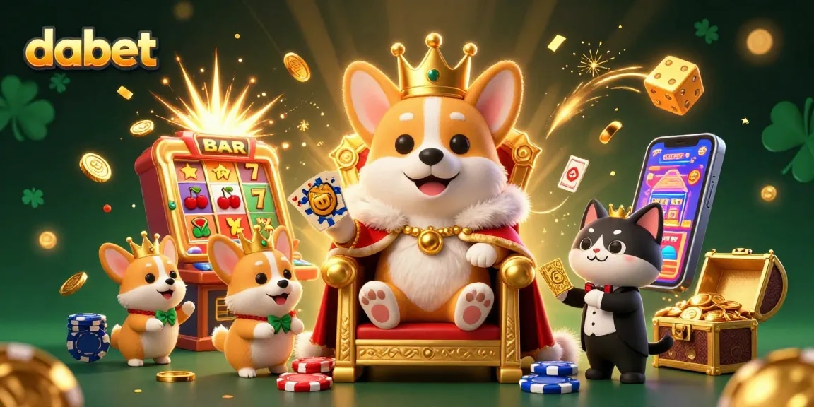 Experience thrilling action with dabet's royal corgi and casino excitement in a vivid 3D illustration.