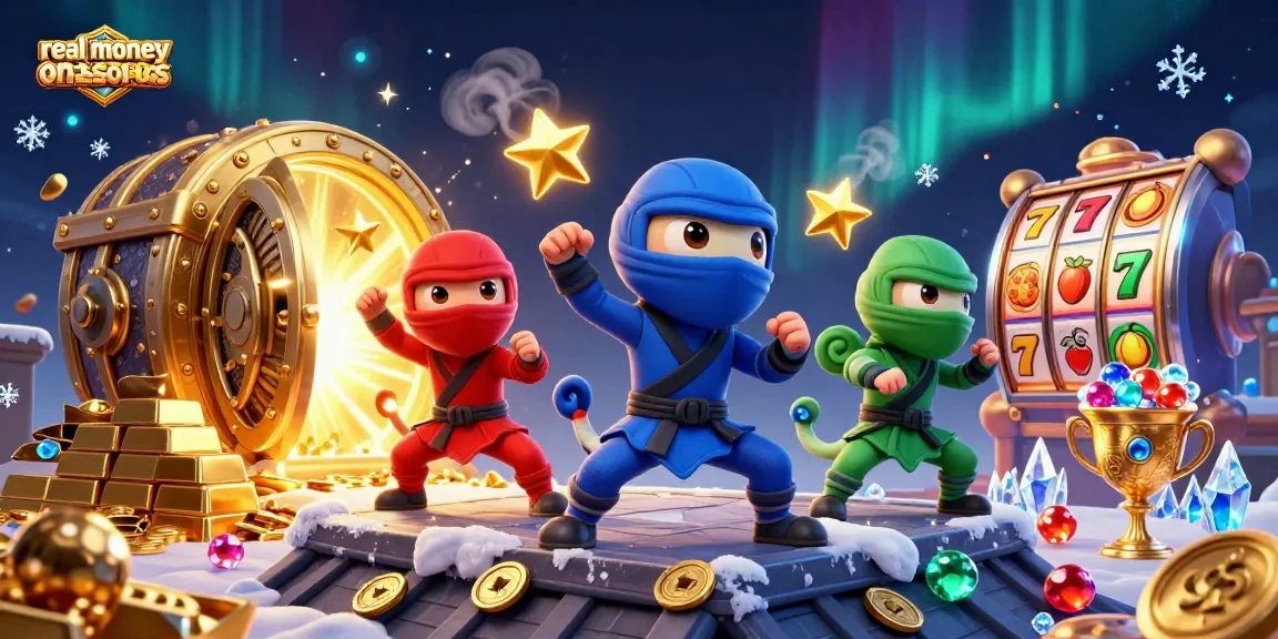 Experience excitement at real money online casinos with vibrant ninja chameleons battling for treasure in 3D!