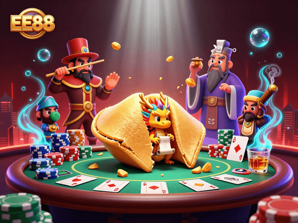 Engage with the exciting EE88 online casino scene featuring a giant golden fortune cookie and a wise dragon amidst vibrant poker elements.