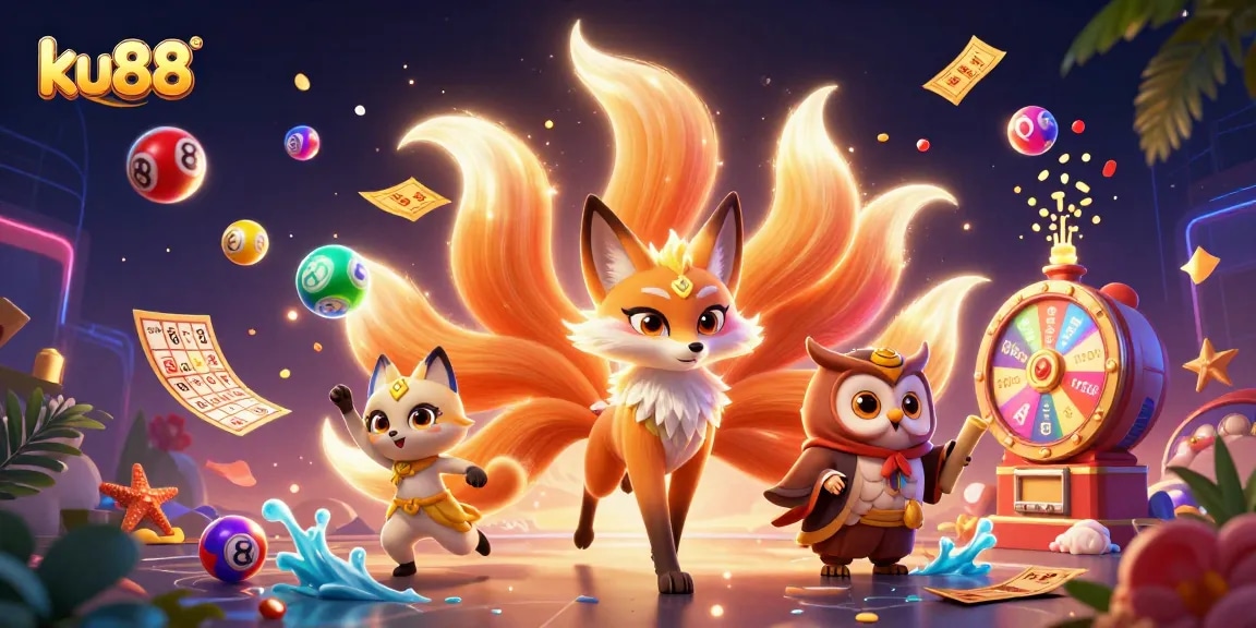 Engage with ku88's vibrant lottery and gaming scene featuring a colorful nine-tailed fox and wise owl.