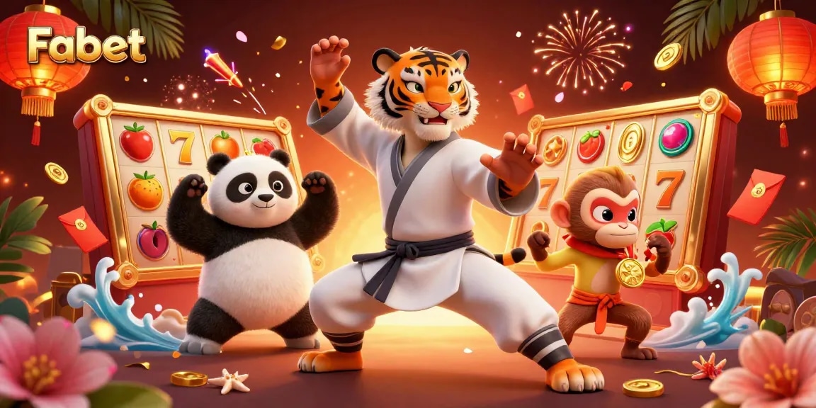 Experience fun at Fabet with 3D cartoon characters engaging in slots and festive casino elements.