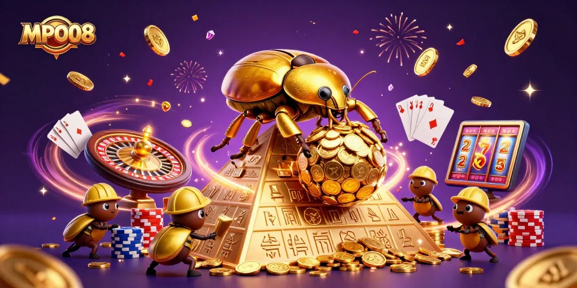 MPO08 features a golden beetle rolling coins amid sparkling casino elements, celebrating luck.