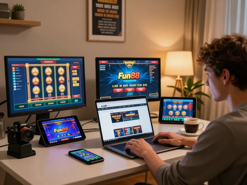 Engaged player using Fun88 on a laptop for online betting at home, showcasing a strategic gaming environment.