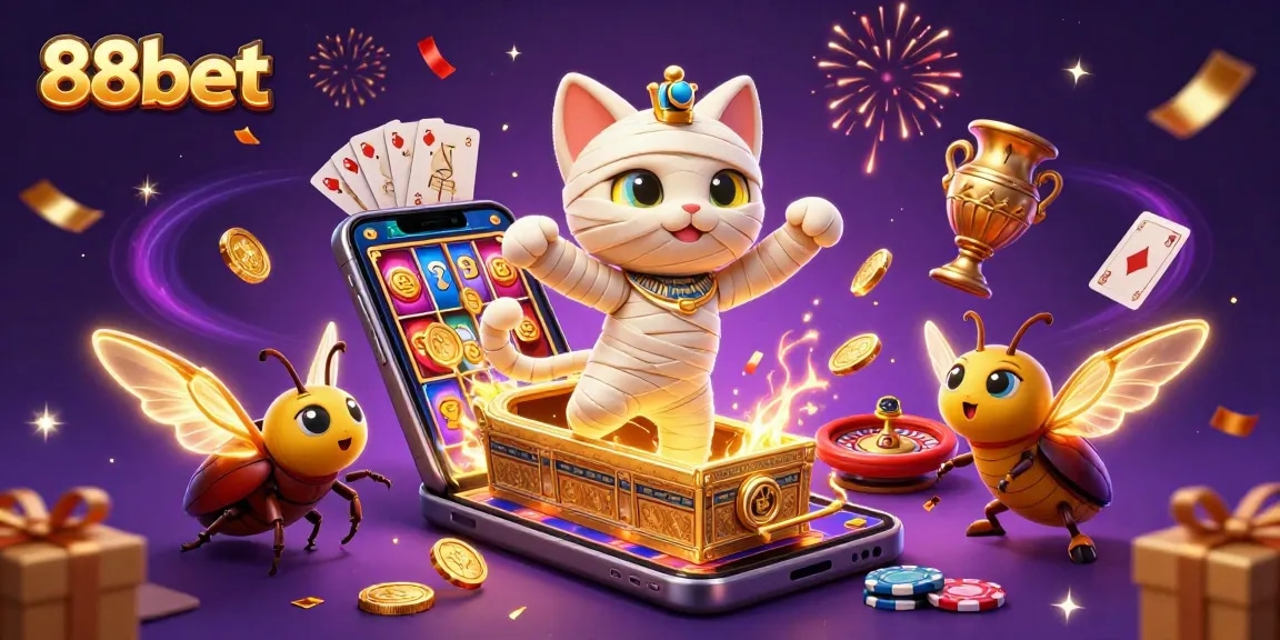 Win big with 88bet in a colorful casino scene featuring a mummy cat and scarab!