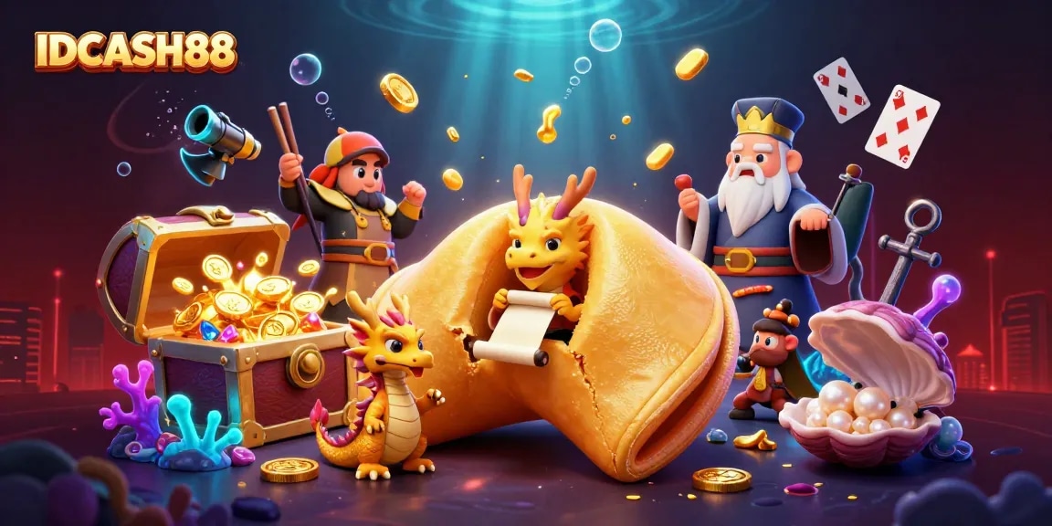 Engage with IDCASH88's vibrant casino scene, showcasing a fortune cookie and whimsical characters.