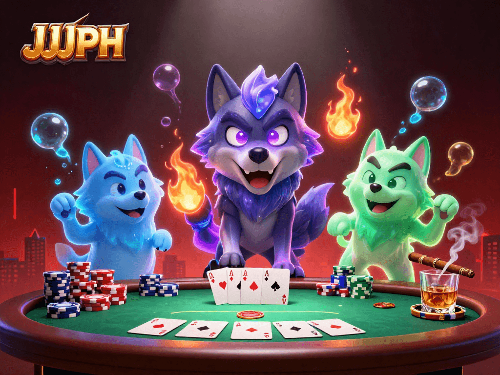 Master the game with JJJPH's poker showdown featuring spectral wolves and vibrant casino action.