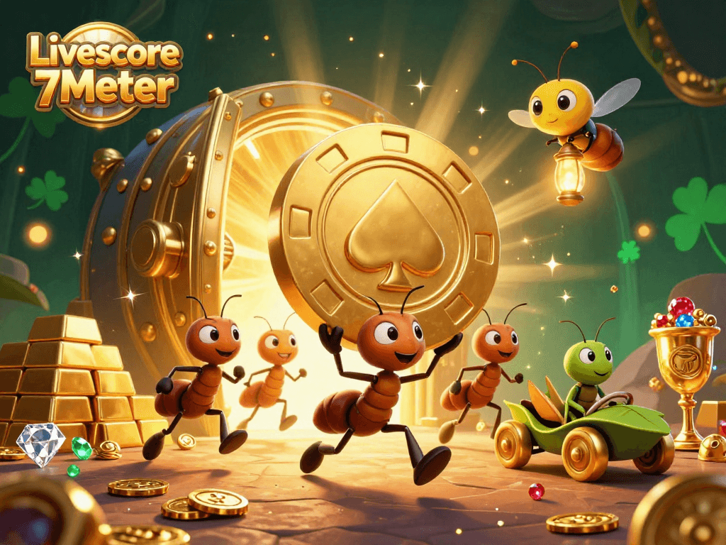 Experience the thrill of gambling with Livescore 7Meter as ants sprint to victory with golden poker chips.