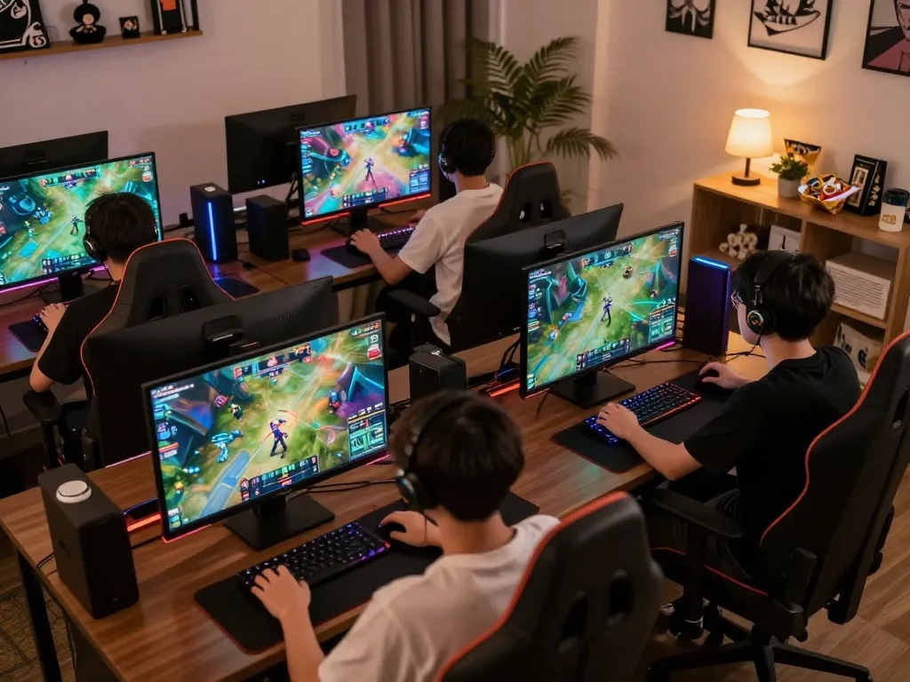 Competing players strategizing in an MPO08 link alternatif online tournament with vibrant screens.