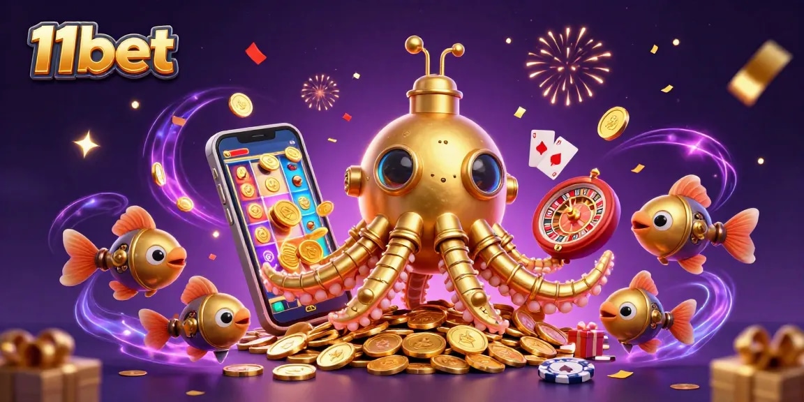 Engage with 11bet's underwater adventure featuring vibrant casino games, golden coins, and a kraken submarine.