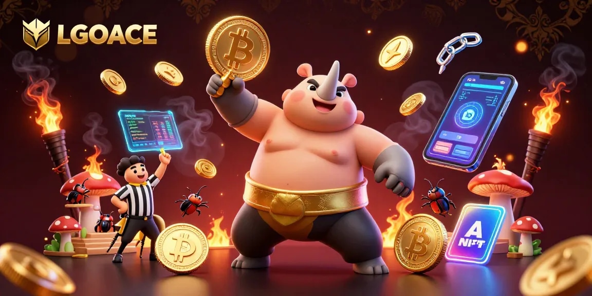 Experience high-stakes action with LGOACE as the beetle champion wins big, surrounded by crypto elements.