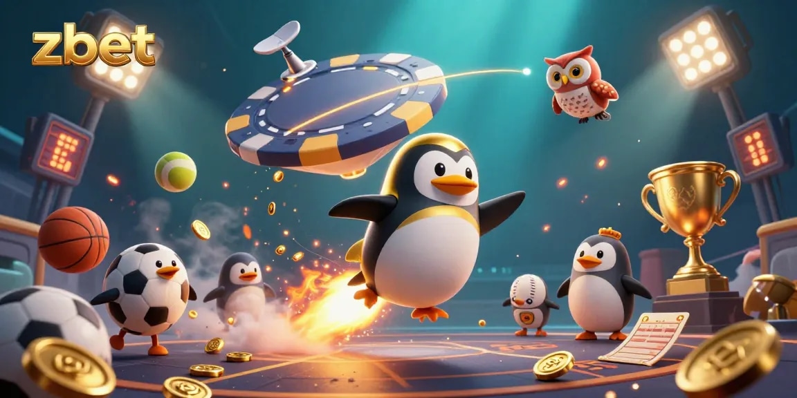 Zbet penguin blasts through space towards a casino chip station, surrounded by sports betting elements and trophies.