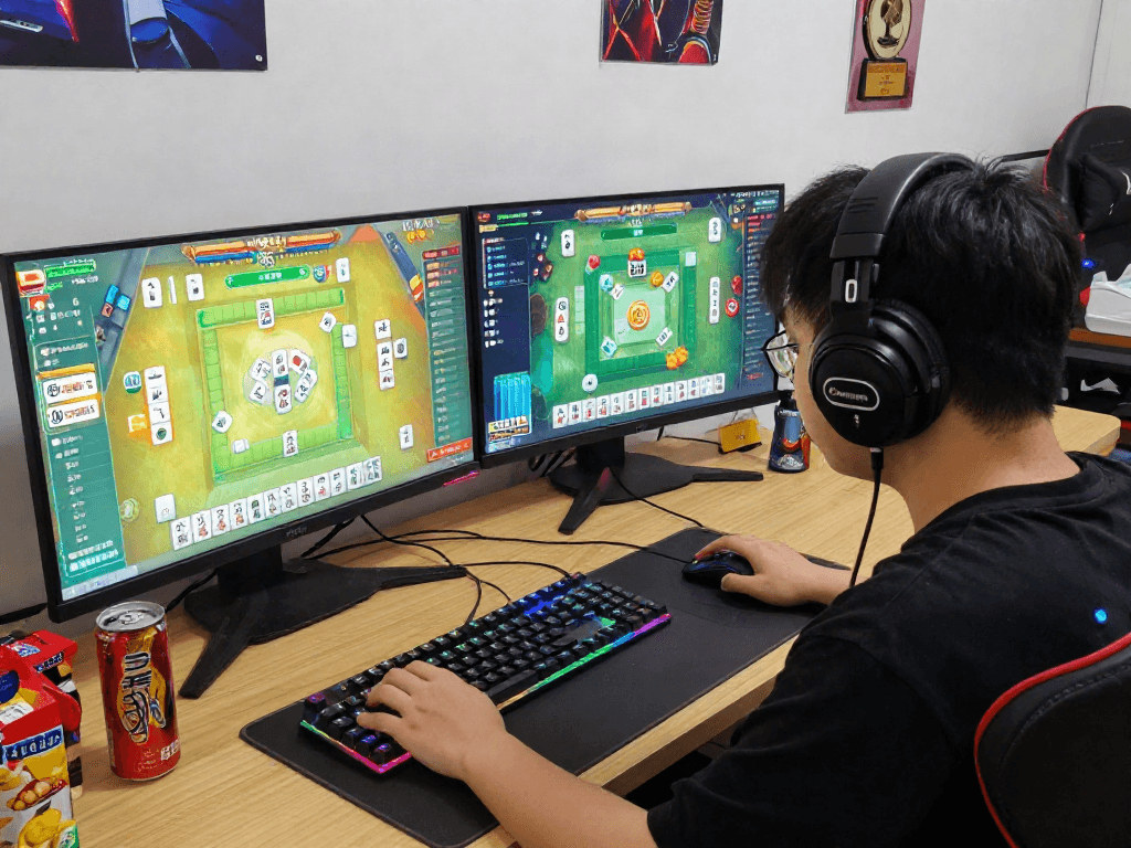 Player engrossed in MAHJONGJP88 Online gaming with vibrant tiles and a high-tech setup.