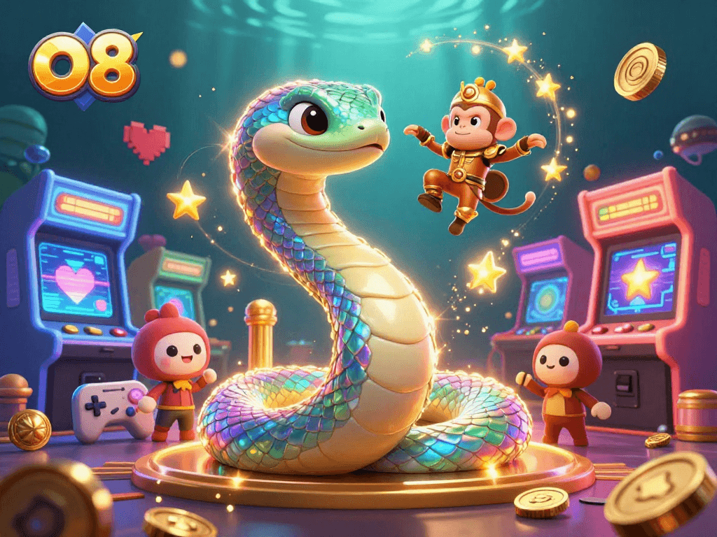 Experience vibrant arcade games at O8 while playing with the magical rainbow serpent and monkey king