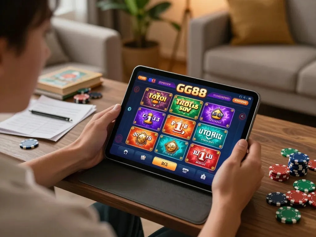 Gamblers engage with GG88 app on a tablet at home, showcasing strategic betting notes and surroundings.