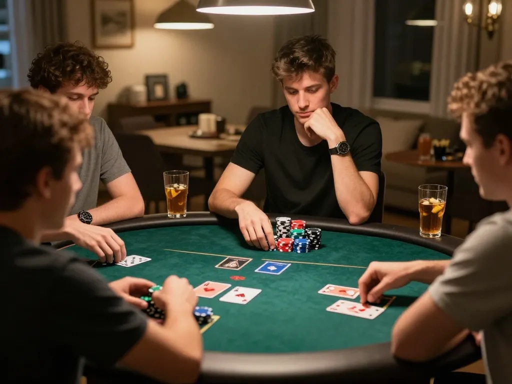 Bongdalu users enjoying an engaging poker night, showcasing colorful chips and strategic gameplay around a round table.