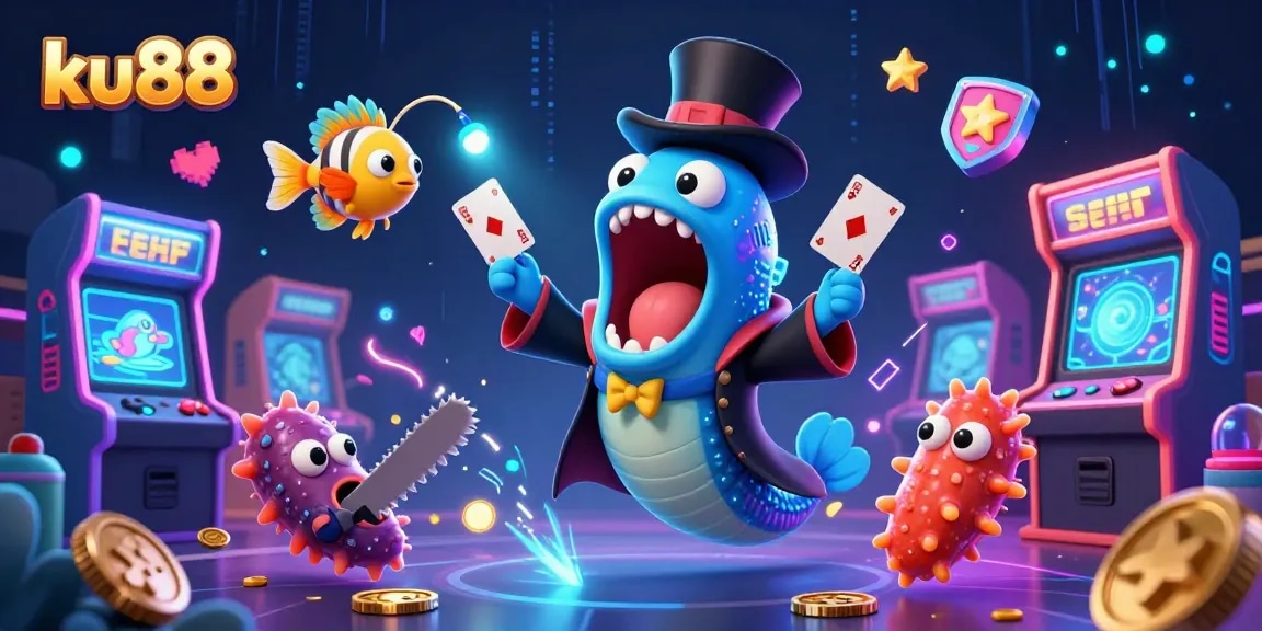 ku88 enhances your gaming experience with a dynamic scene of animated characters and arcade elements.